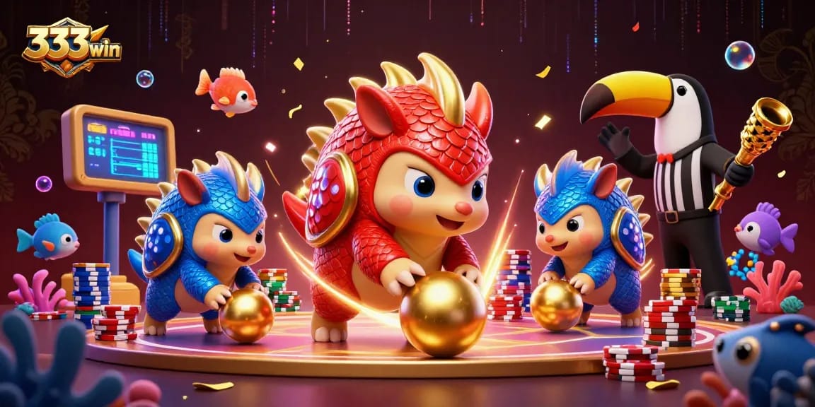 Capture the thrilling essence of 333win fish shooting game with dynamic pangolins rolling into golden spheres amidst poker chips.