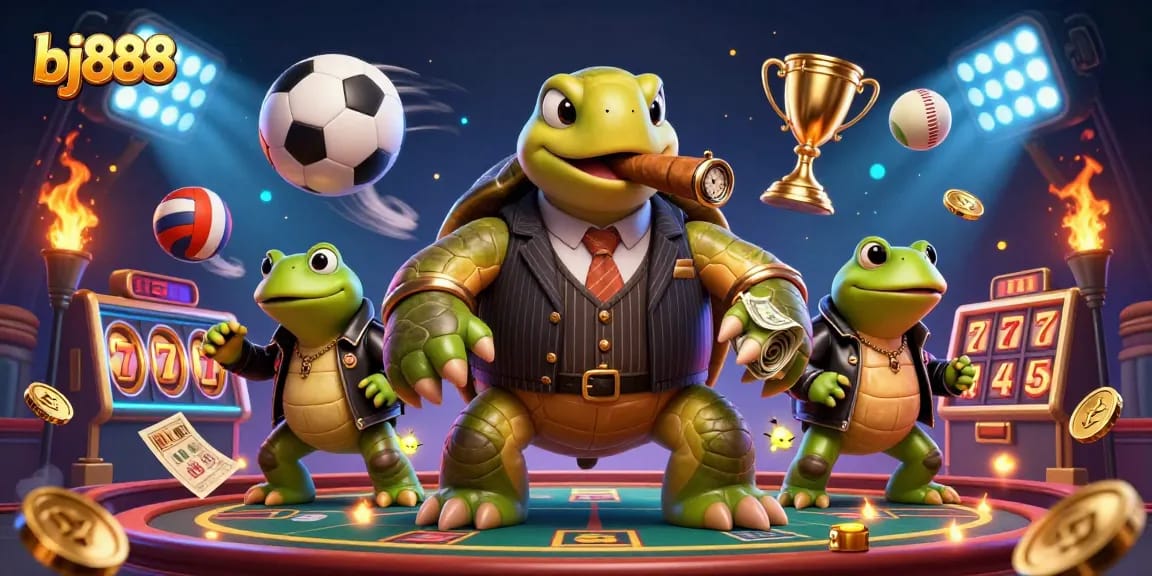 Engage in exhilarating gameplay at bj888 with a 3D cartoon turtle dealer and vibrant casino action.