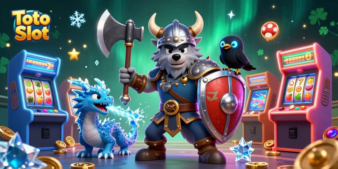 Toto Slot interactive gaming scene with a Viking warrior, dragon, and arcade game elements
