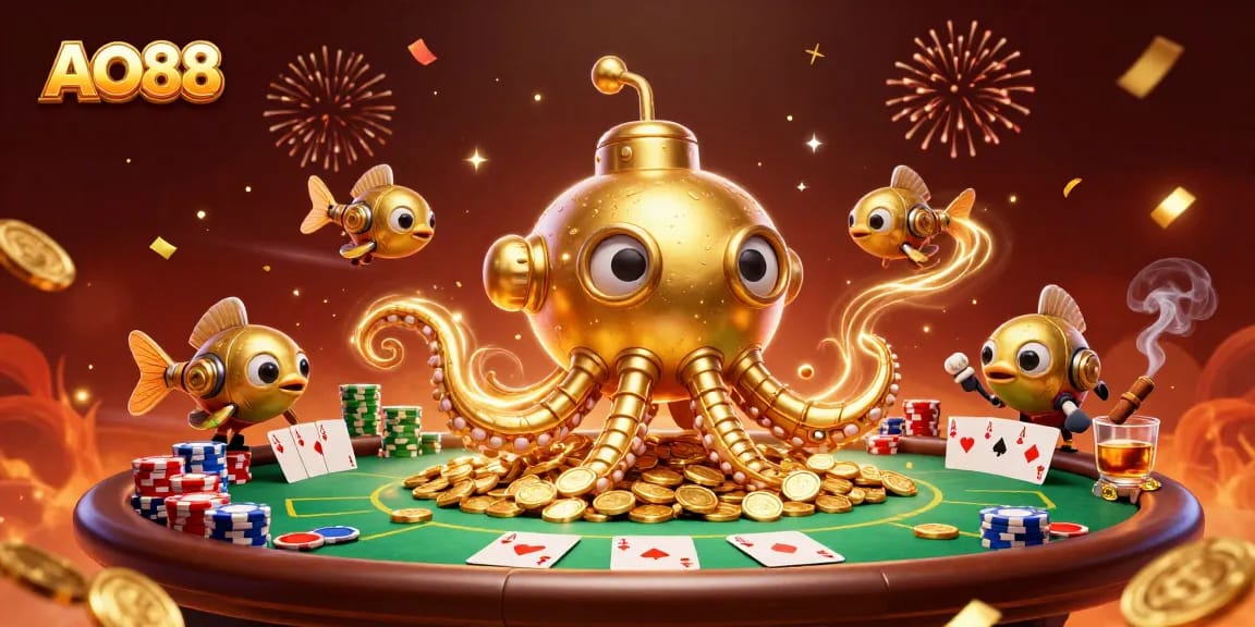 Experience the excitement of AO88 with a vivid 3D gaming illustration featuring poker elements.