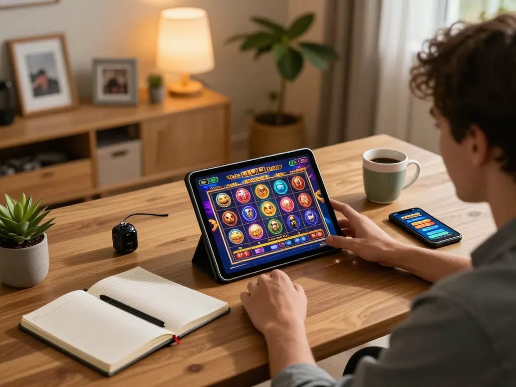 Player enjoying bet kecil online slots on tablet in cozy home setting.