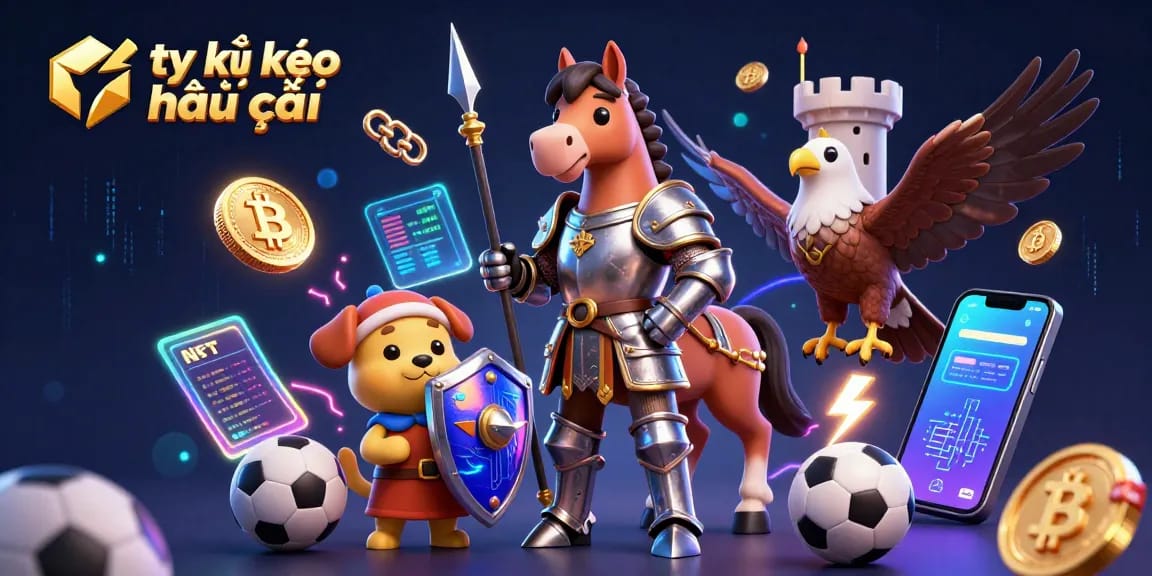Betting on tỷ lệ kèo nhà cái with dynamic sports elements surrounding a knight and companions.