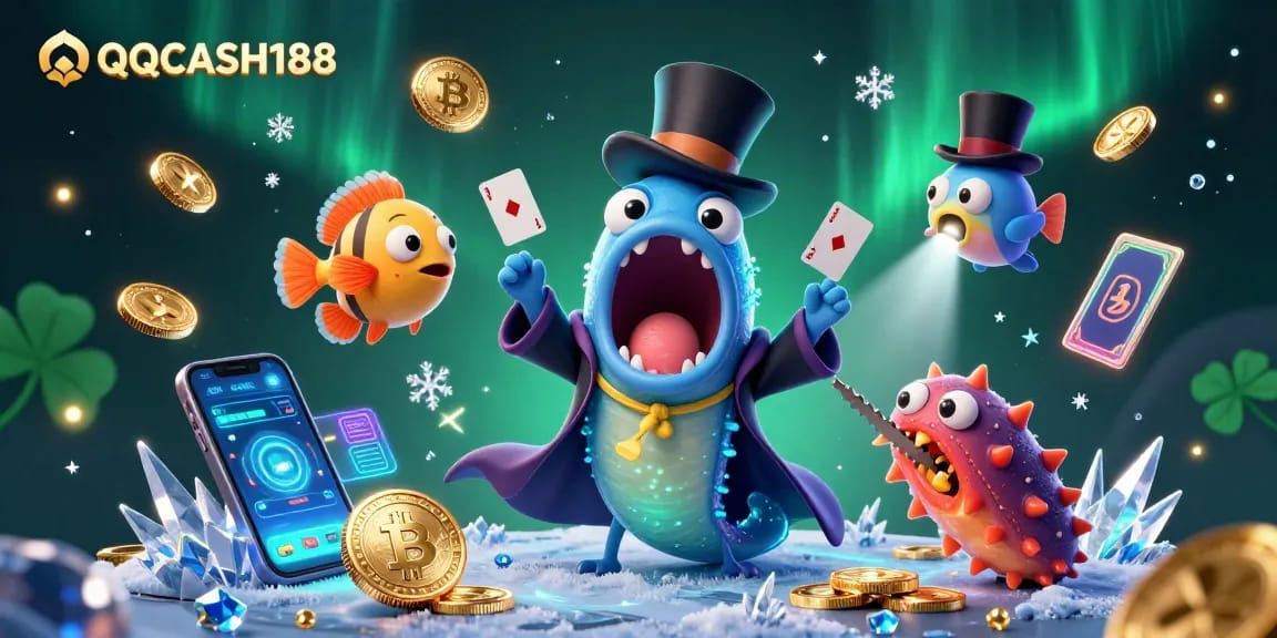 QQCASH188 showcases a lively gambling scene with unique characters performing magical tricks.
