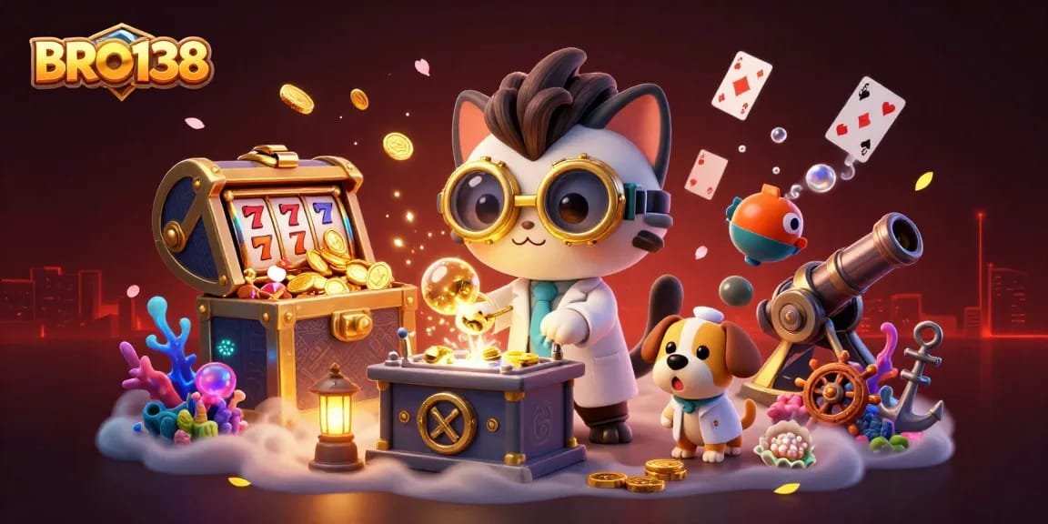 BRO138 showcases a vibrant slot casino scene featuring a mad scientist cat and loyal dog crafting gold coins amid exciting slot elements.