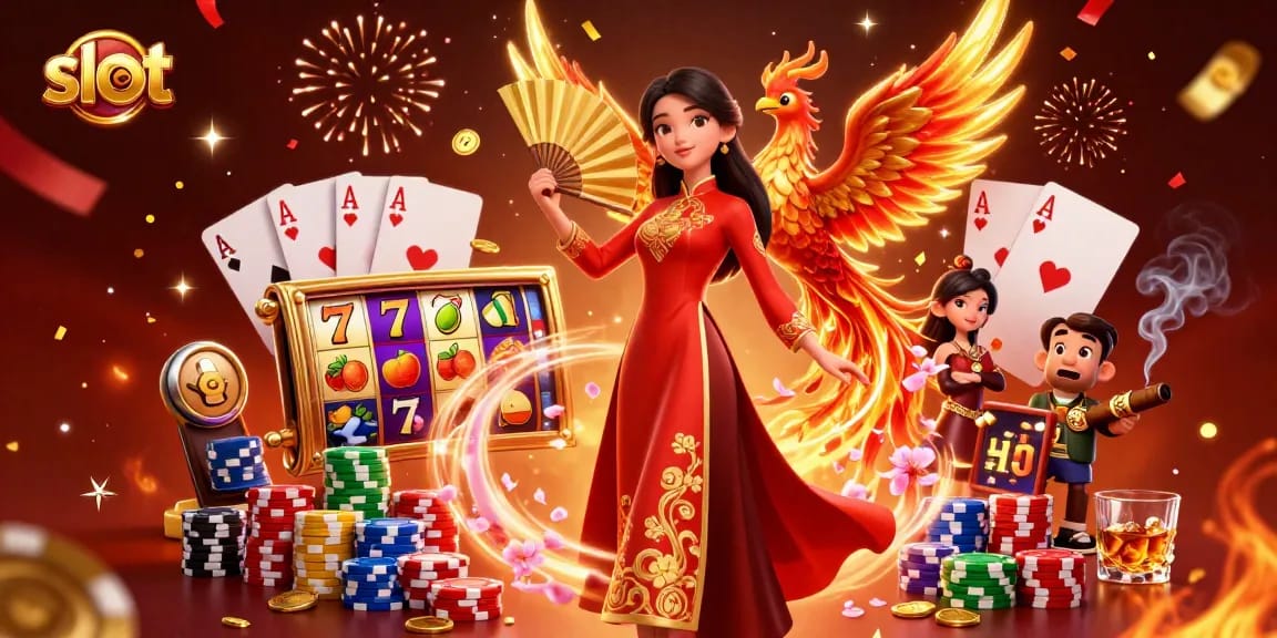 Putar gulungan slot di tengah elemen kasino yang berwarna-warni dan karakter tradisional untuk keberuntungan.