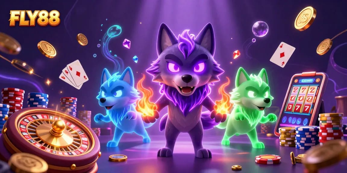 Engage with FLY88's thrilling online casino experience, featuring ghostly wolves and exciting game elements.