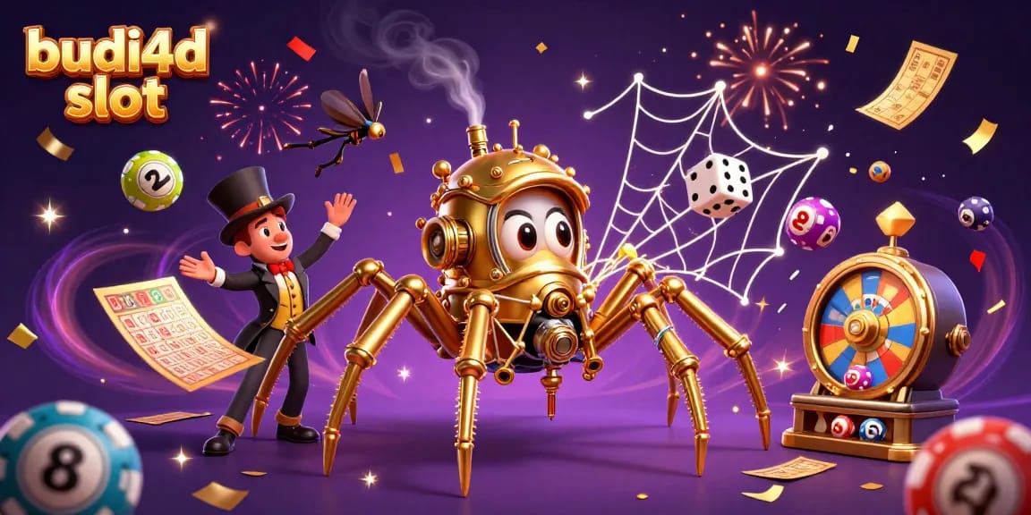 Experience the thrill of budi4d slot with a dynamic illustration featuring a golden spider and colorful lottery elements.