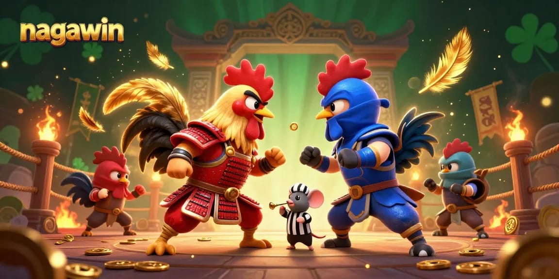 Nagawin memperlihatkan duel ayam bertarung dalam arena judi, dengan efek visual menakjubkan.