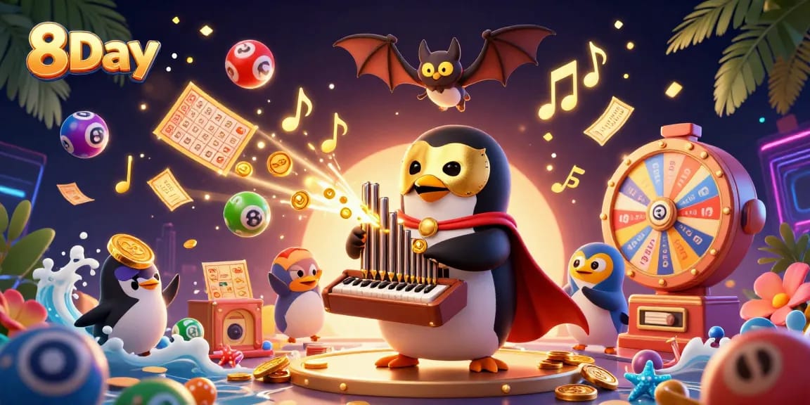 8Day lottery experience illustrated with a vibrant 3D scene of a penguin playing an organ and dynamic winning elements.