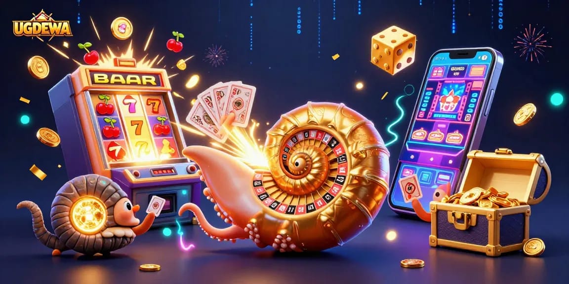 Engage with UGDEWA’s vibrant 3D casino experience, exploring slot games and jackpots in a stunning illustration.
