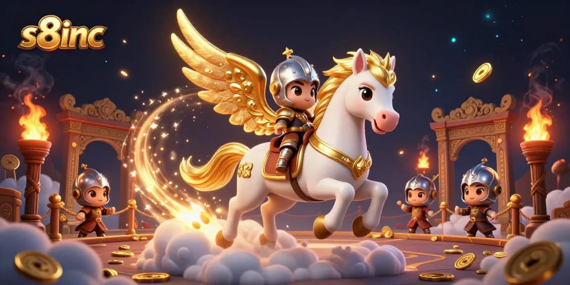 The celestial scene features the s8inc brand with a knight on a horse amidst coins and game elements, embodying the thrill of online gambling.