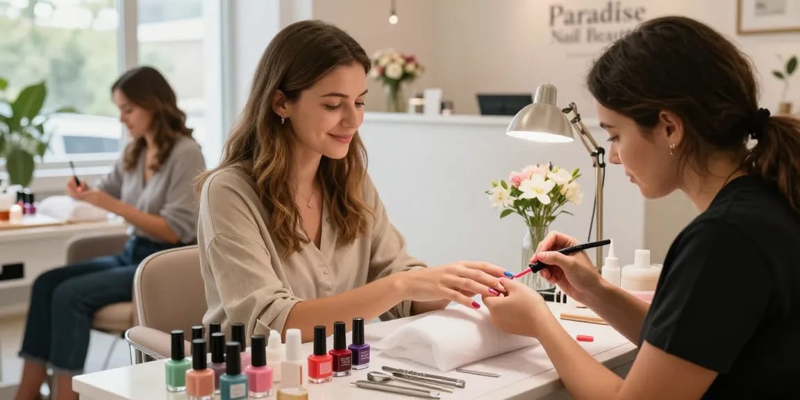 Client enjoying nail treatment at Paradise Nail Beauty salon, showcasing vibrant colors and a serene atmosphere.