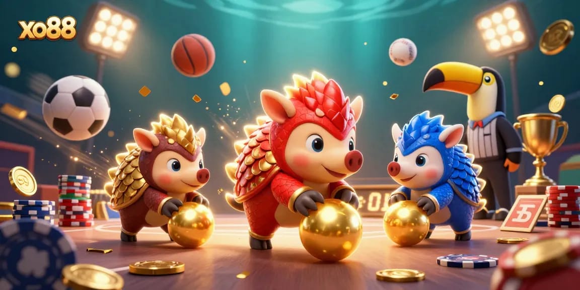 Experience the excitement of xo88 with rival pangolins bowling through poker chips in an energetic casino scene.