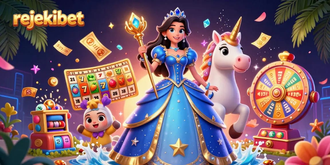 Engage with rejekibet's thrilling slot games, featuring a casino scene with vibrant reels and glamorous characters.