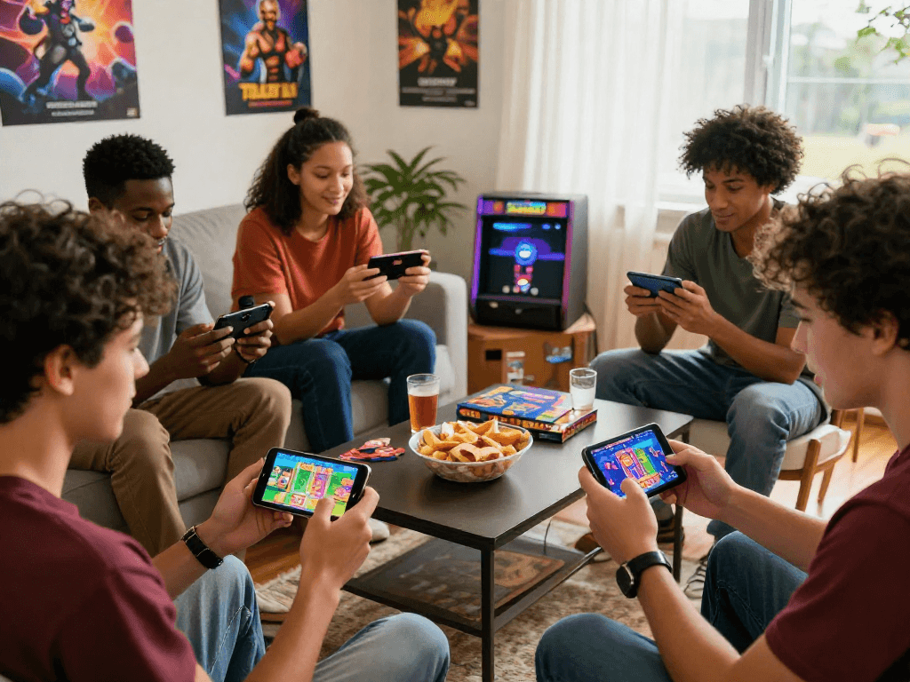 Friends enjoying the Alano Dt 5 app for exciting gaming experiences at home, showcasing social gaming vibes.