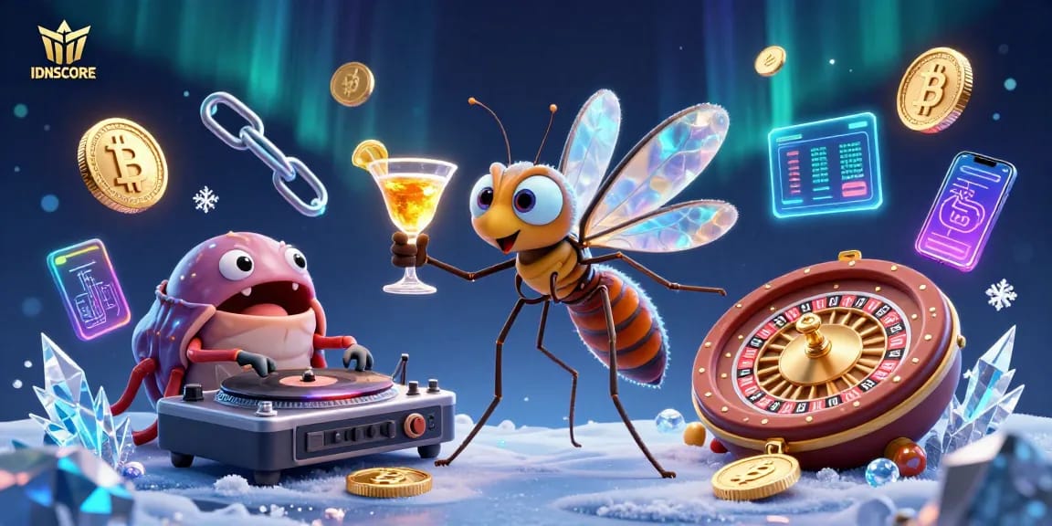 IDNSCORE players celebrating wins with a vibrant 3D casino scene featuring unique mascots and digital elements.