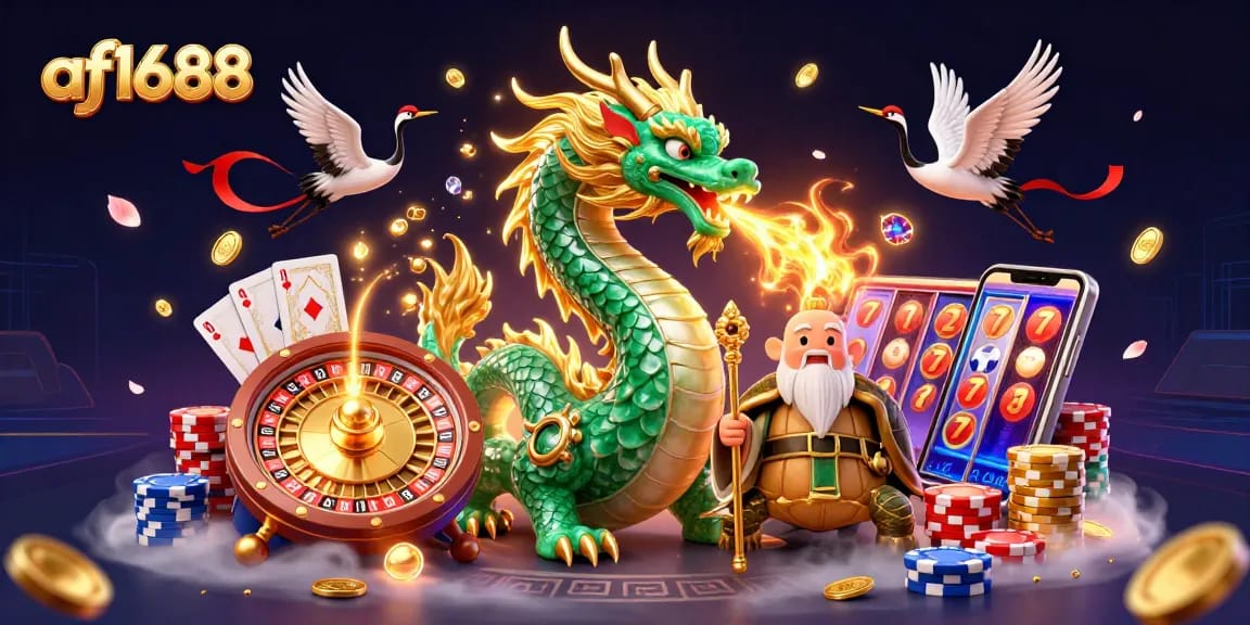 Experience gaming excitement at af1688 with a dragon, turtle sage, and lucky cranes amidst golden coins and a roulette wheel.