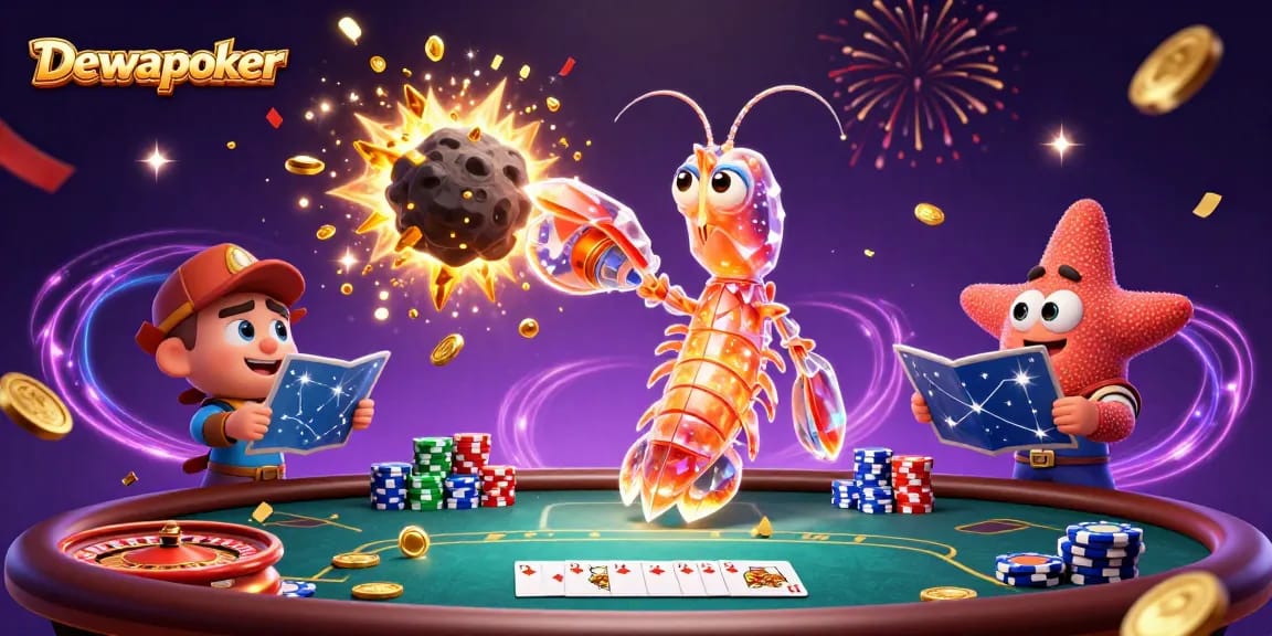 Dewapoker gameplay action with vibrant poker elements and dynamic characters in a colorful casino scene