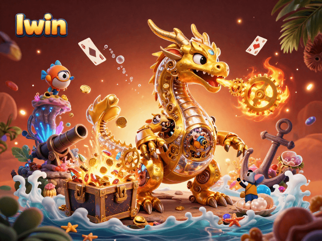 Iwin golden dragon unleashes treasure in a vibrant underwater casino scene