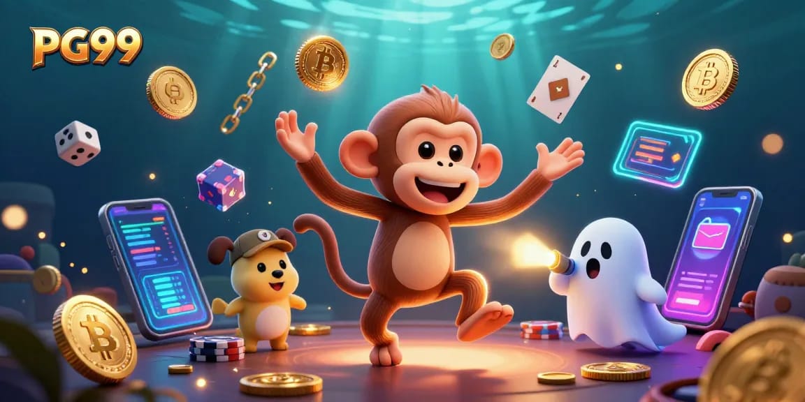 Engage with PG99 as the playful poltergeist monkey juggles golden casino elements while being tracked by a curious puppy.
