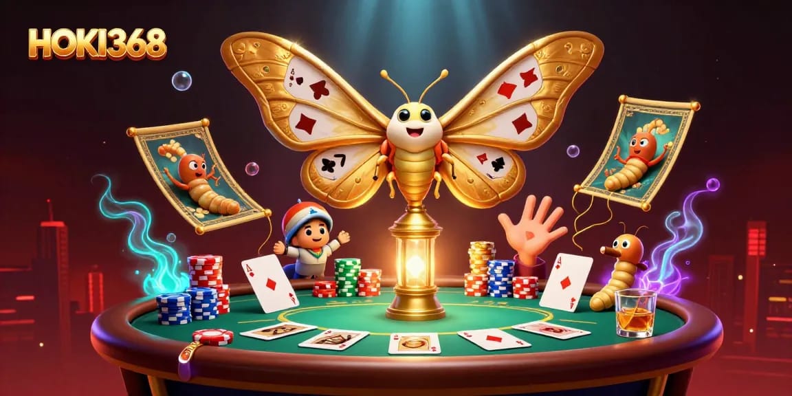 Experience HOKI368 with an ultra-detailed illustration of a vibrant casino scene featuring poker elements and golden motifs.