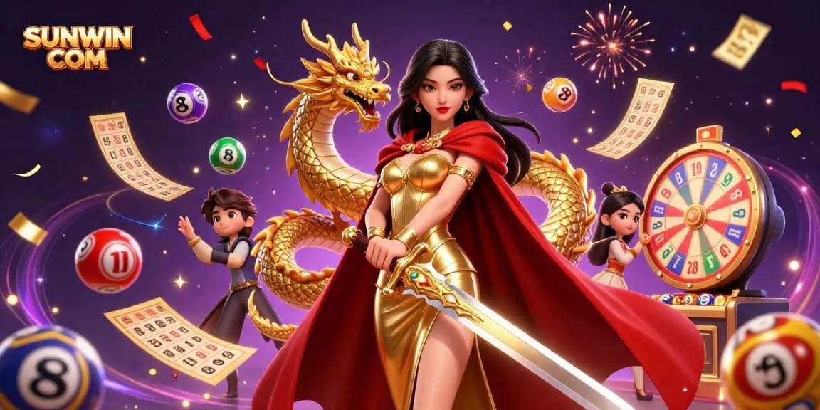 Experience the thrill of winning at SUNWIN COM with vibrant lottery balls and celebratory elements in a dynamic gaming scene.