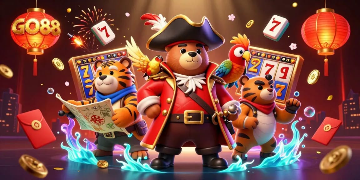 Spin the reels with GO88’s exciting slots, featuring dynamic characters and vibrant casino elements.