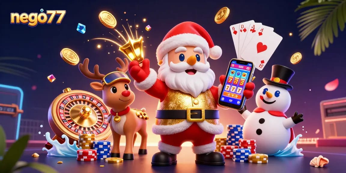 Engage with the excitement of nego77 - a vibrant 3D illustration showcasing Santa celebrating jackpots with enchanting casino elements.