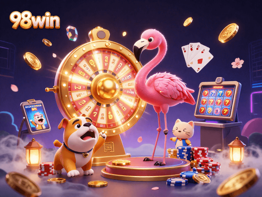 Engage with thrilling games at 98win, featuring a vibrant casino scene with golden coins and a dynamic prize wheel.