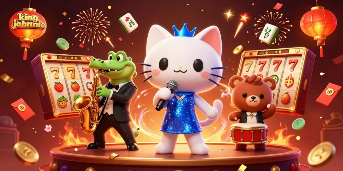 Experience the vibrant world of kingjohnnie with 3D casino characters celebrating amidst slot machines and festive elements.