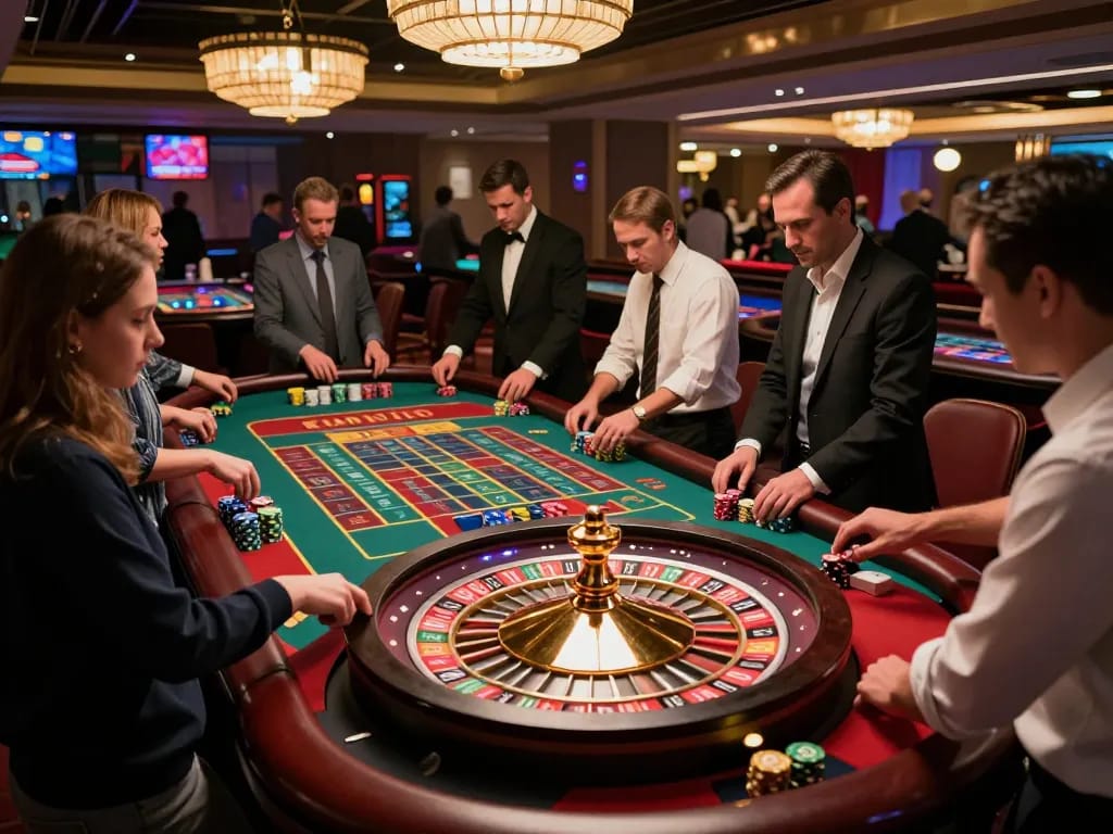 Players engaging in a thrilling roulette game at 88clbgo casino, with vibrant chips and an enthusiastic atmosphere.