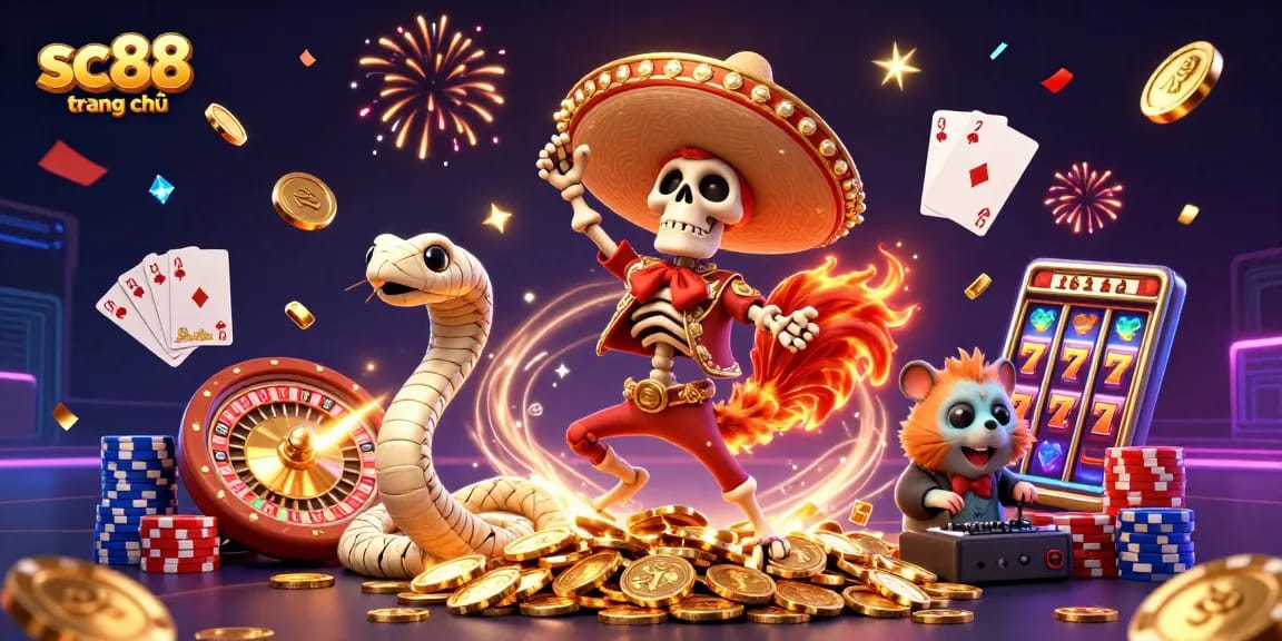 Experience the excitement of sc88 trang chủ with a festive casino-themed scene featuring vibrant 3D characters.