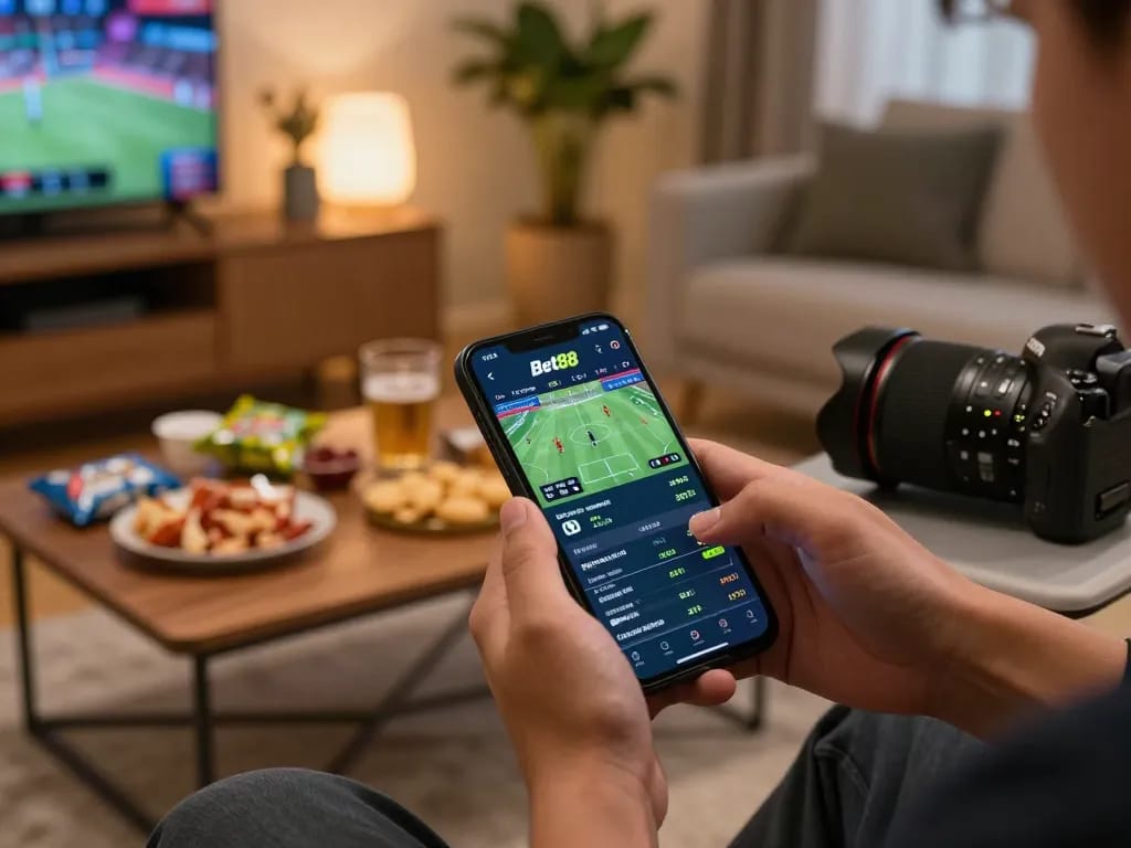 Engaging Bet88 gaming session, showcasing a smartphone app with live sports odds and cozy home setting, emphasizing online gambling.