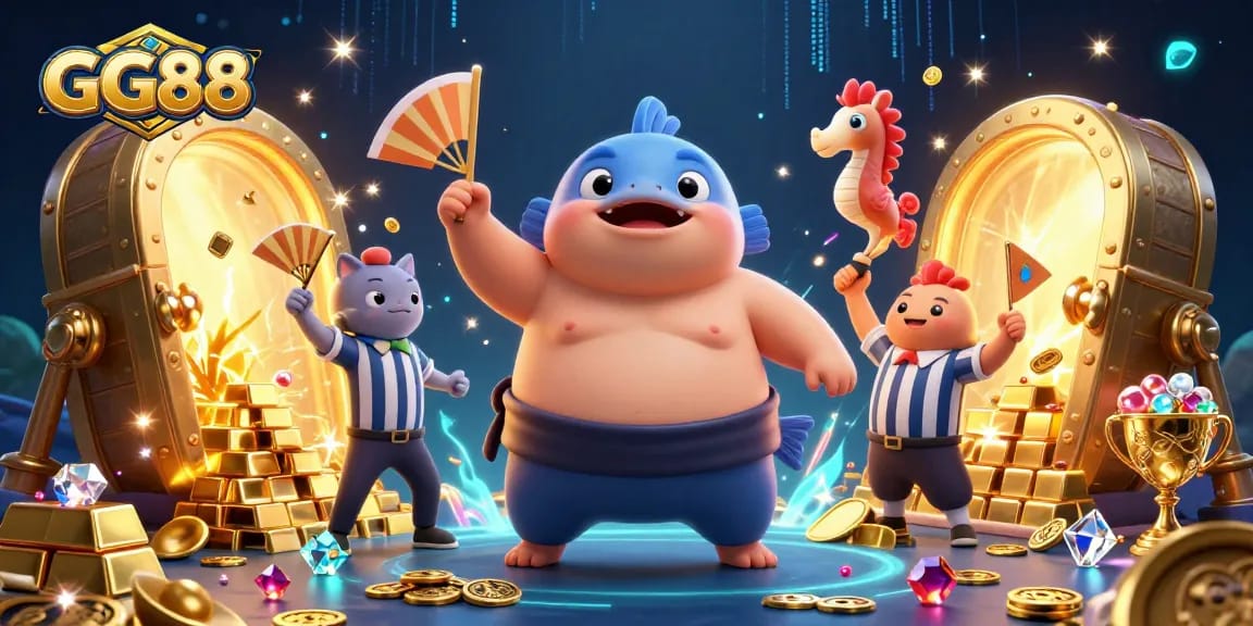 Engage with GG88's vibrant underwater casino theme featuring a festive blowfish, catfish referee, and seahorses.