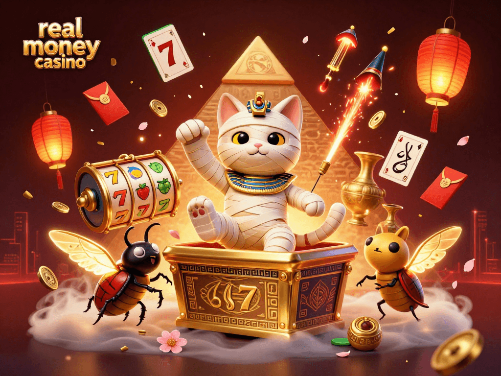 Experience the thrill of real money casino action with a vibrant 3D illustration of an Egyptian themed scene.
