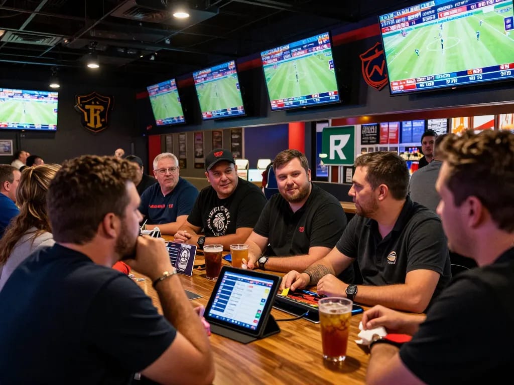 KADAL 778 betting excitement at a lively sports bar with screens displaying odds
