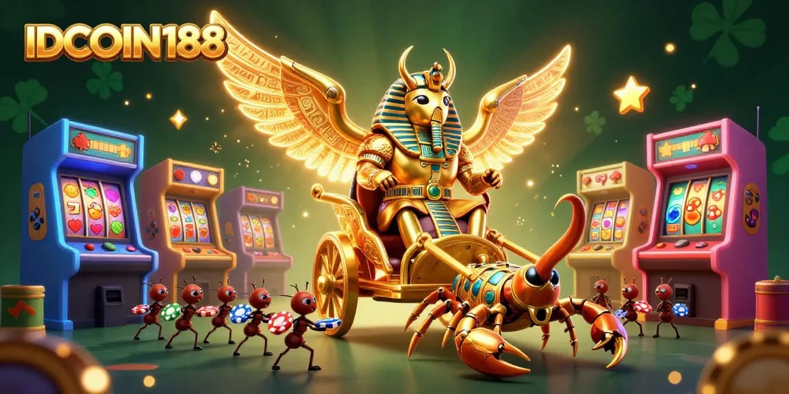 Win big with IDCOIN188 in this vibrant 3D casino scene filled with jackpot excitement and animated characters.