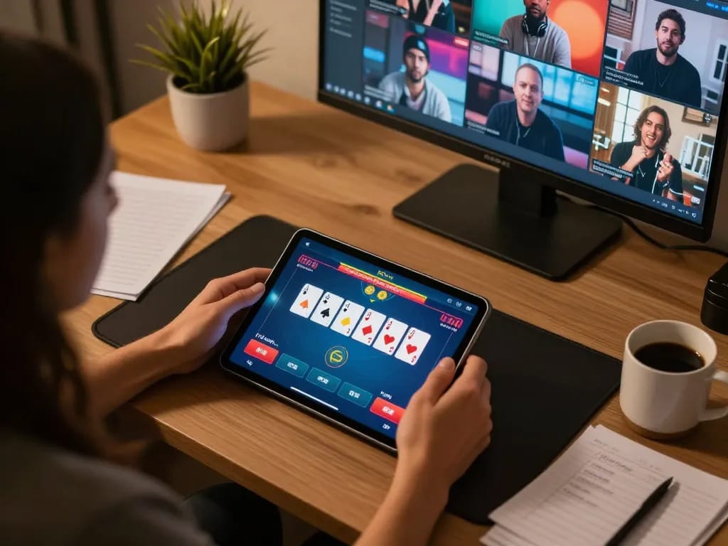 MPO08 Login 778: Engaging in high-stakes poker with a tablet in a cozy home setup.