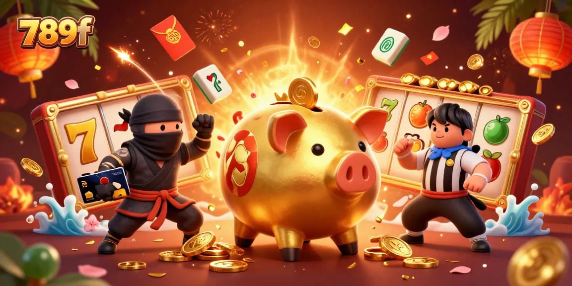 Experience thrilling slots at 789f with floating golden coins and lively characters in a vibrant casino scene.