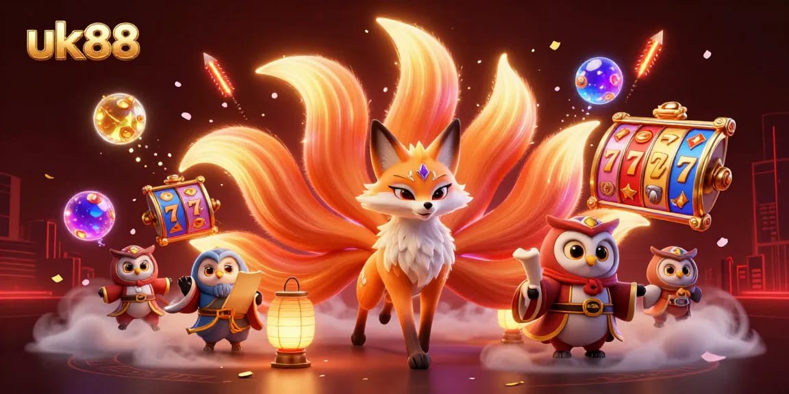 Join the excitement at uk88 with a vibrant 3D illustration showcasing a fox spirit, owl sage, and dynamic slot elements.