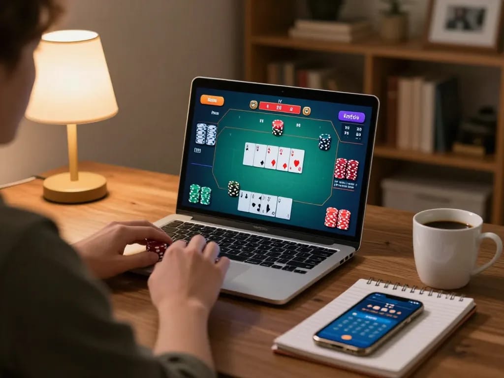 MM88 player studying poker strategies online while actively managing bets on laptop