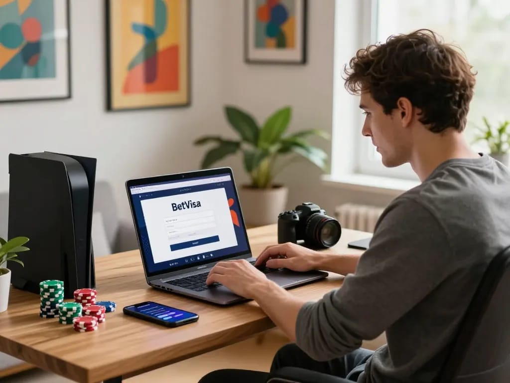 Performing BetVisa login from a modern home office, surrounded by gaming elements, conveying excitement and security.