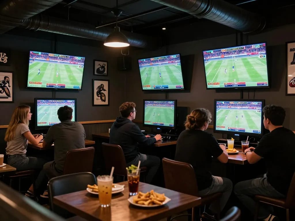 rokok88 sports bettors engaged with live events on multiple screens, enjoying a lively bar atmosphere