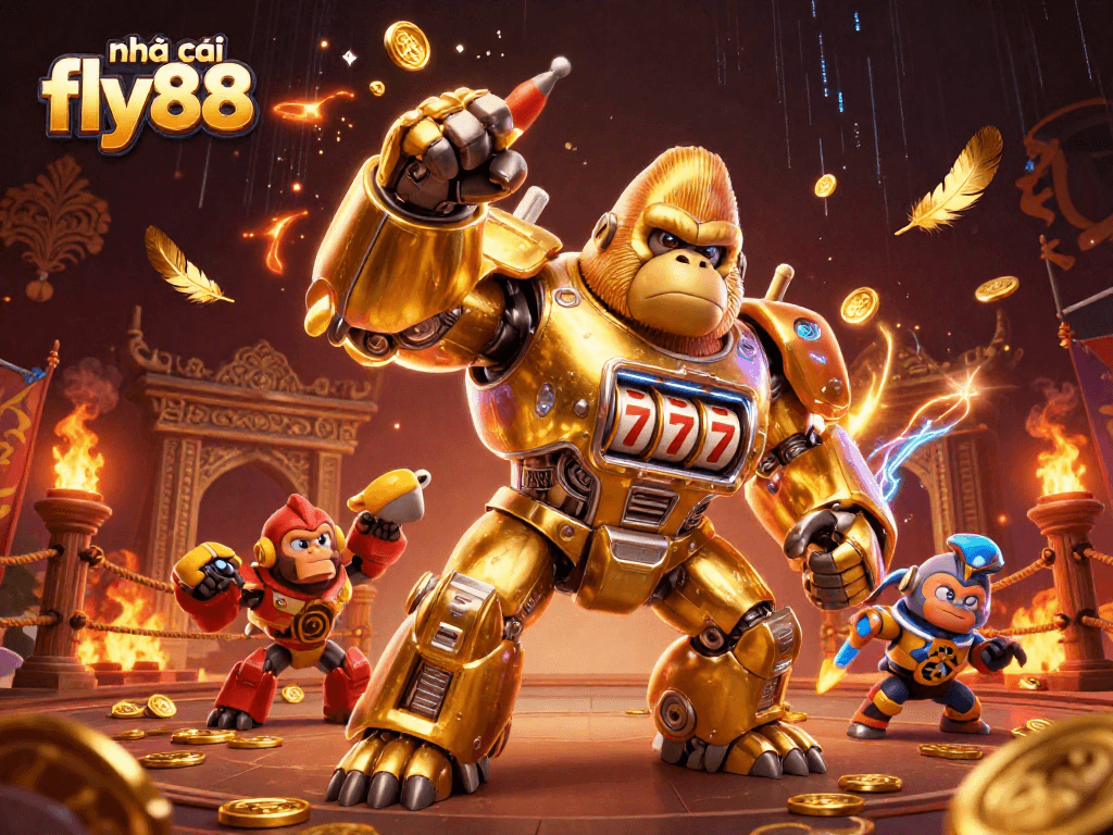Experience the excitement of nhà cái fly88 with 3D illustrations featuring a golden gorilla mech and casino elements.