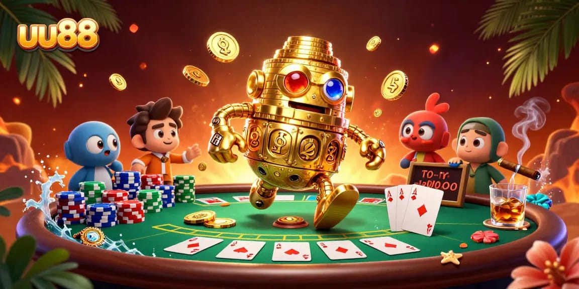 Win big at uu88 with an exciting casino scene featuring dynamic gaming elements and a golden golem.