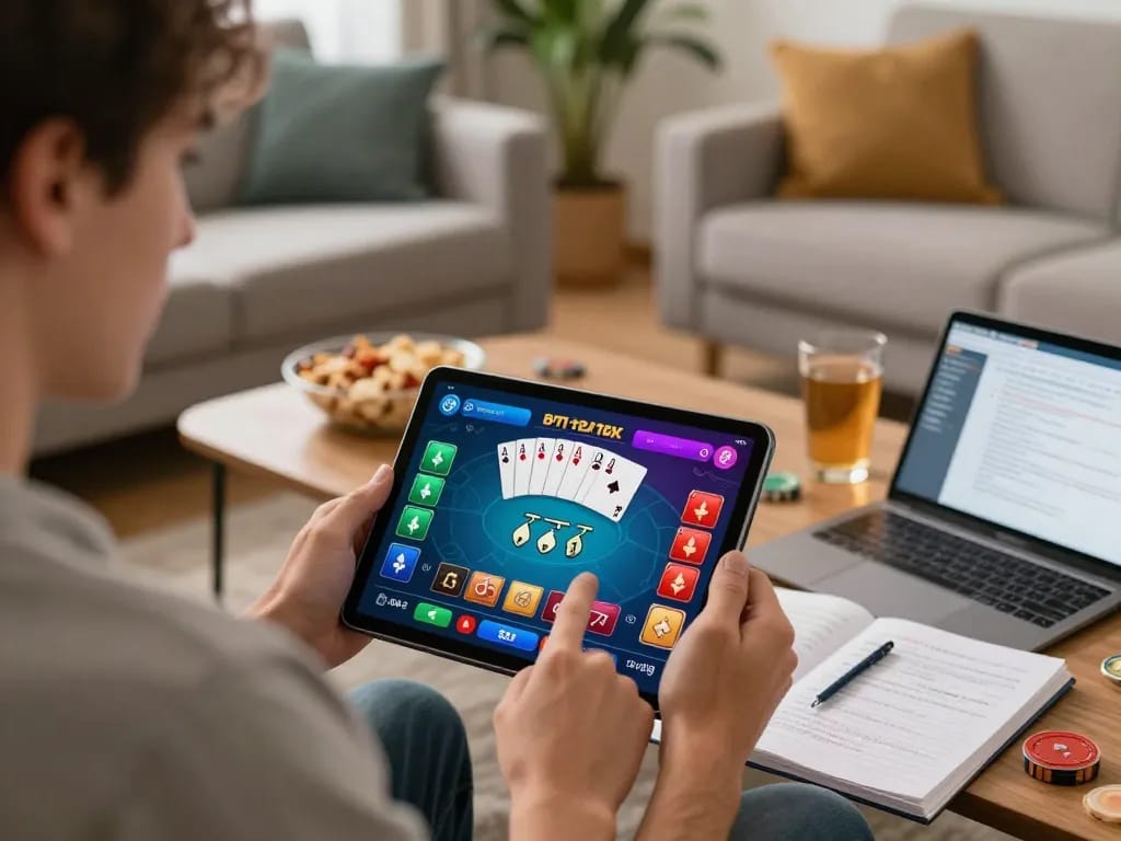 SUNWIN player enjoying online poker with strategy notes in a cozy home setting.