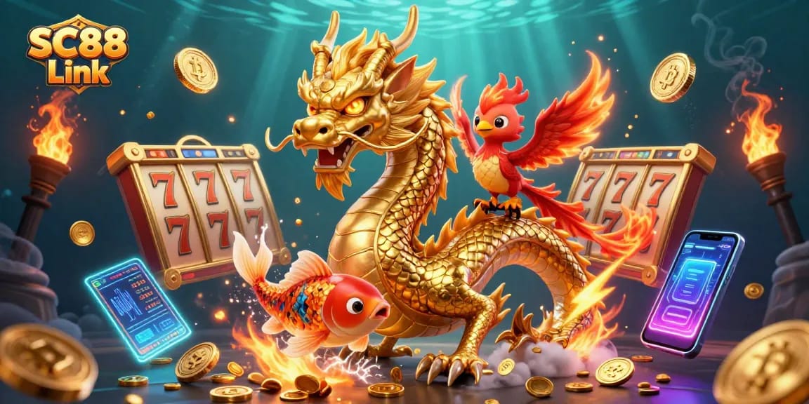 Win big with SC88 Link featuring a fierce dragon and vibrant slot game elements!