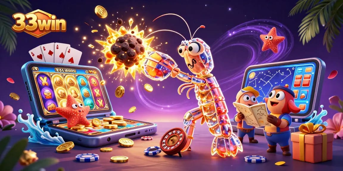 33win features a galactic samurai mantis shrimp in an action-packed casino scene bursting with gems.