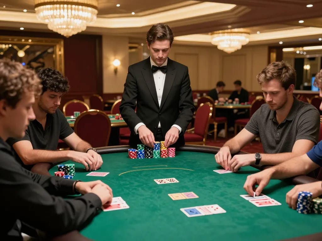 Players engaging in an intense poker game at a luxurious casino with f8bet0 atmosphere