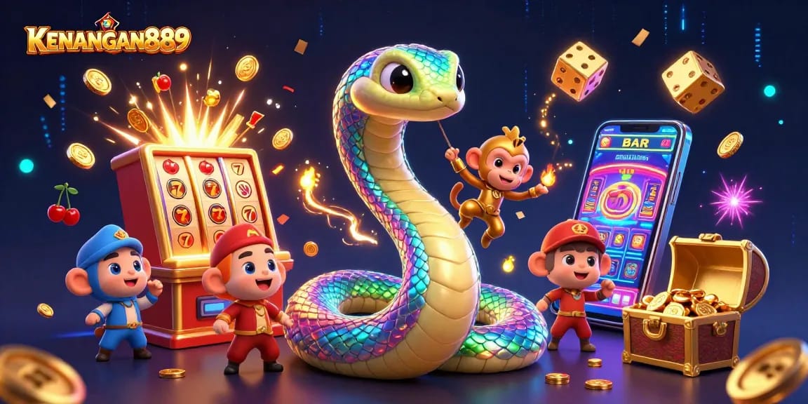 Experience the thrilling KENANGAN889 slots with vibrant colors and exciting gameplay in this captivating illustration.